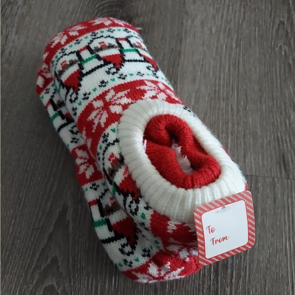 FUZZY BABBA CHRISTMAS PRINT DOUBLE CUFFED GRIPPER SLIPPER SOCKS SIZE 5-7